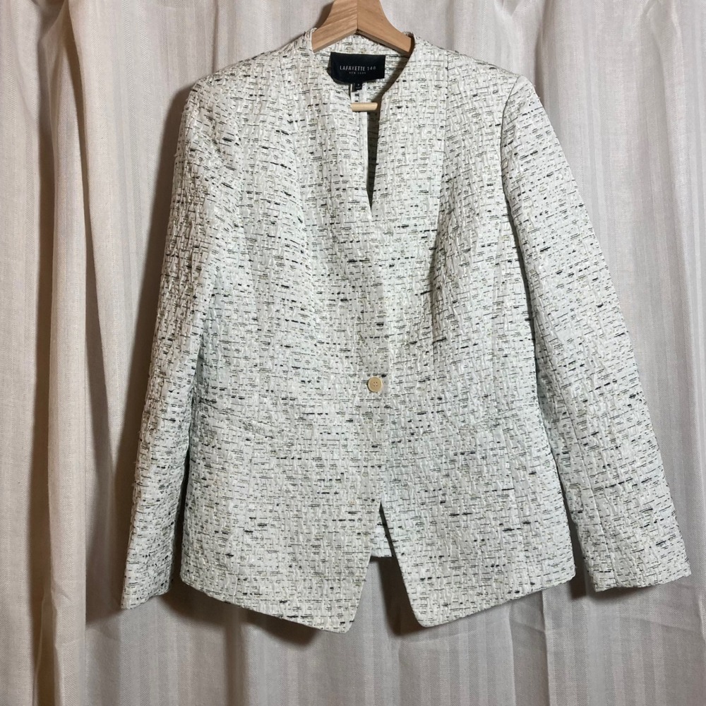 Lafayette 148 New York‎ Womens White Green Tweed Collarless Blazer Jacket Size 8